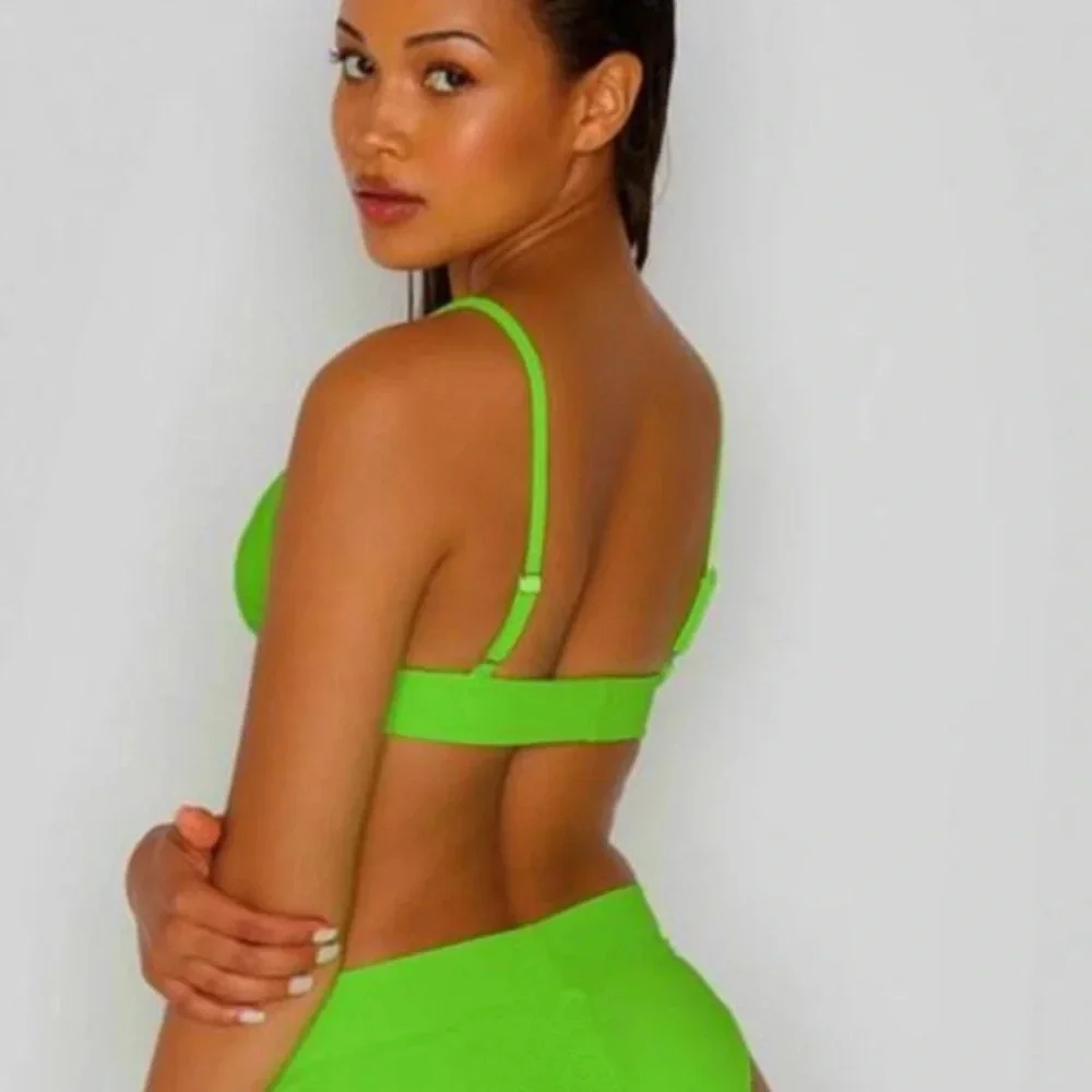 New! Frankie’s bikinis Gavin neon green ribbed bikini top 21549
